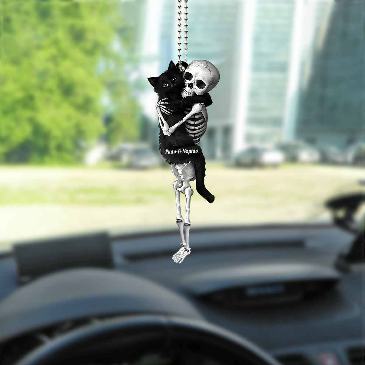 Funny Skeleton & Cat - Personalized Black Cat Custom Shaped Car Ornament