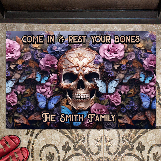 Welcome Come In & Rest Your Bones - Personalized Skull Doormat