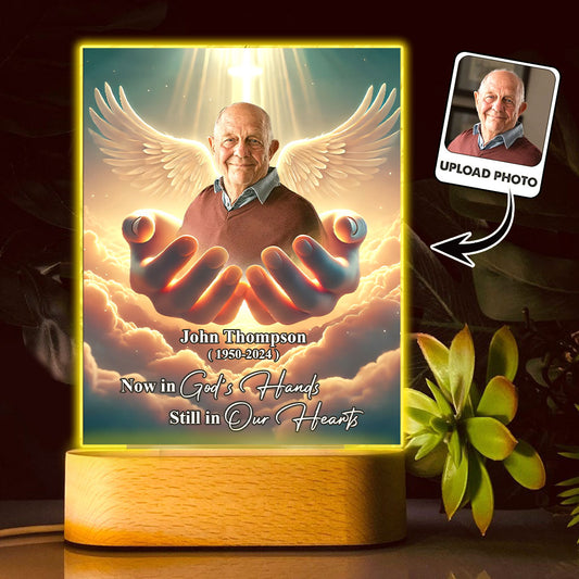 Now in God's hands Still in our hearts - Personalized Memorial Shaped Plaque Light Base