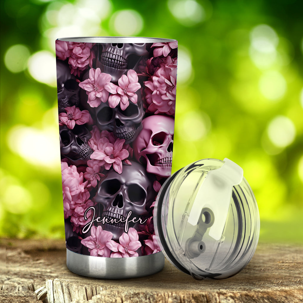 Pink Flowers Black Skulls - Personalized Skull Tumbler