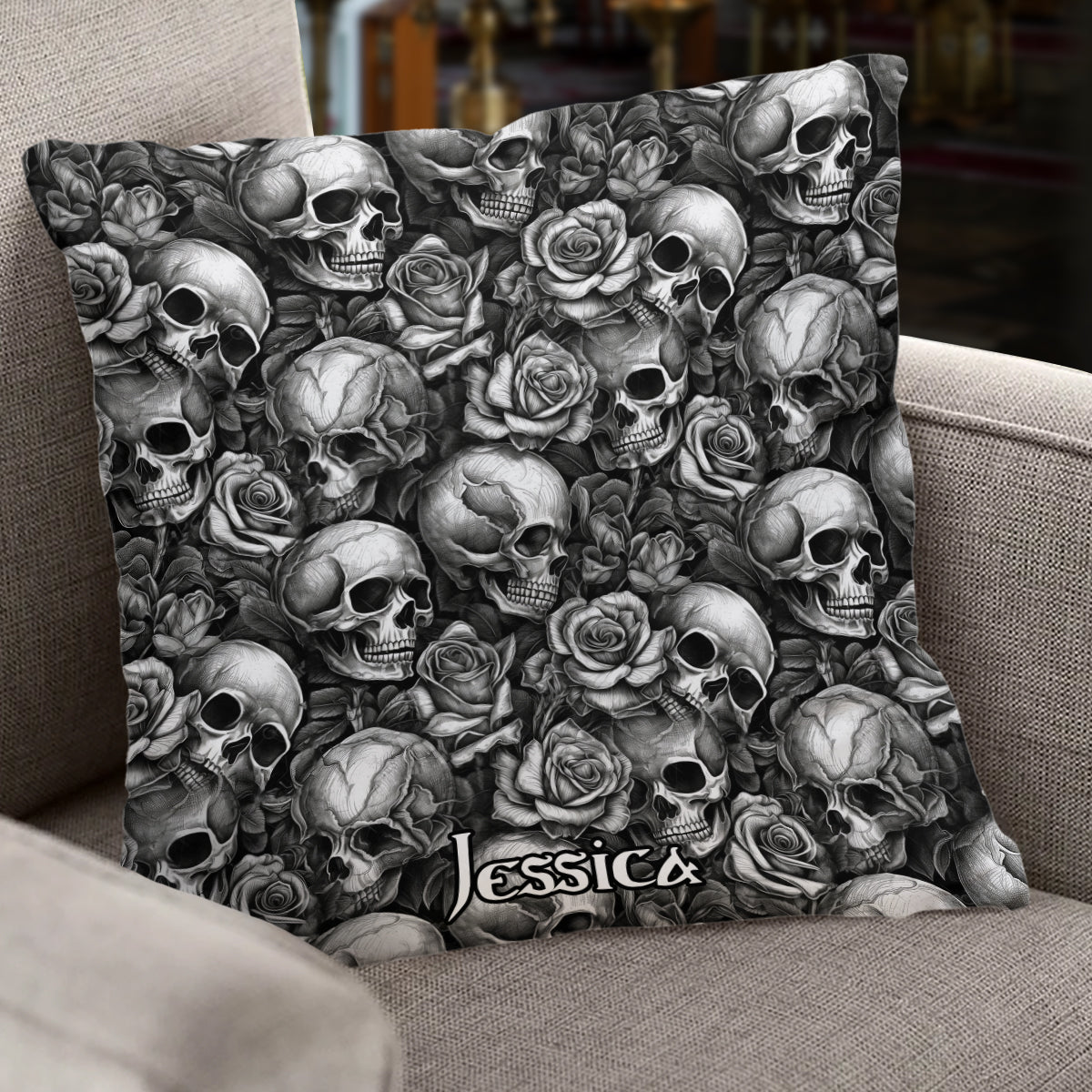 Skull Roses Black And White - Personalized Skull Throw Pillow