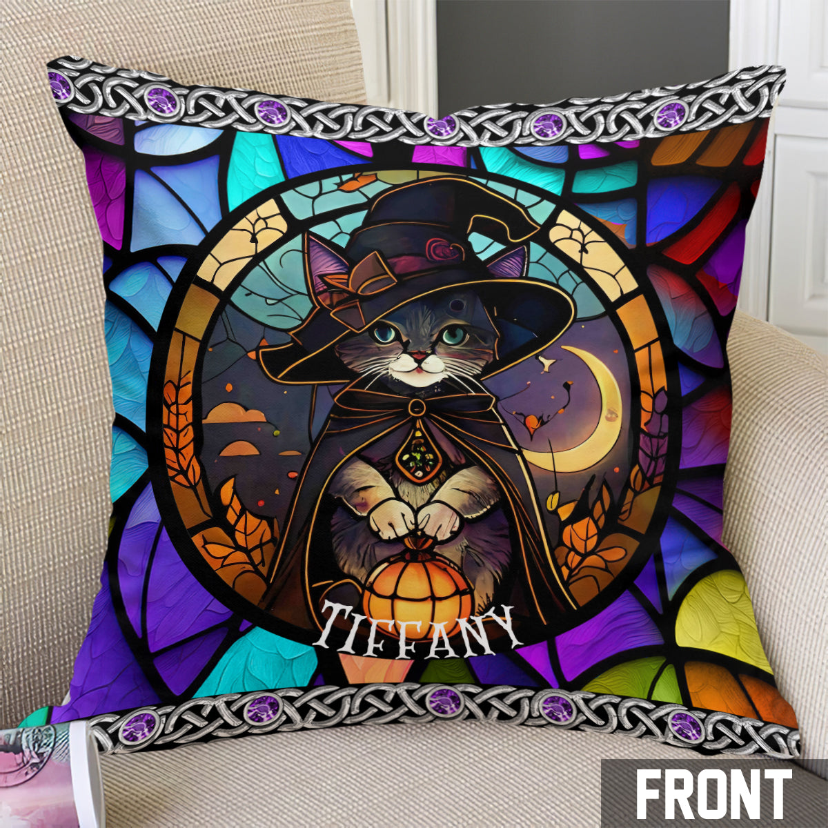 Beautiful Stained Glass Witch Black Cat - Personalized Black Cat Throw Pillow
