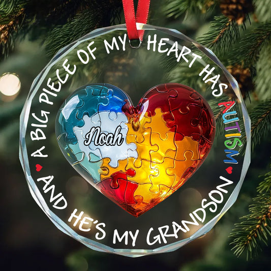 A Big Piece of My Heart Has Autism - Personalized Autism Awareness Round Shaped Glass Ornament