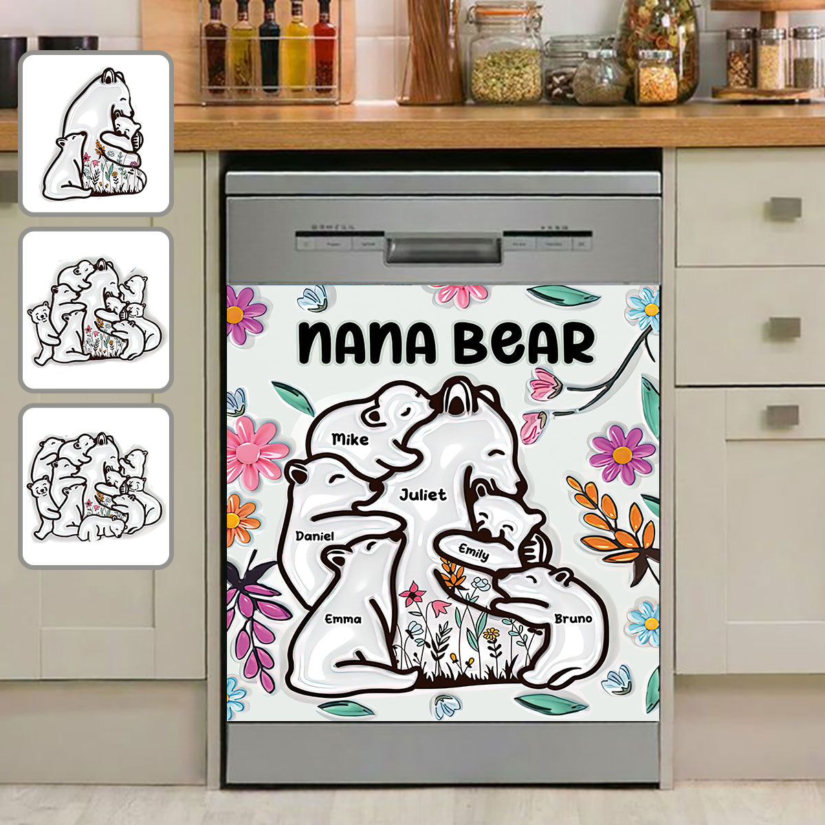 Nana Bear Huggings Her Cubs Floral Style - Personalized Grandma Dishwasher Cover