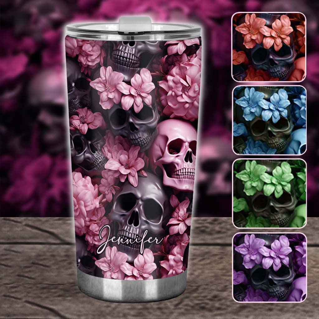 Pink Flowers Black Skulls - Personalized Skull Tumbler