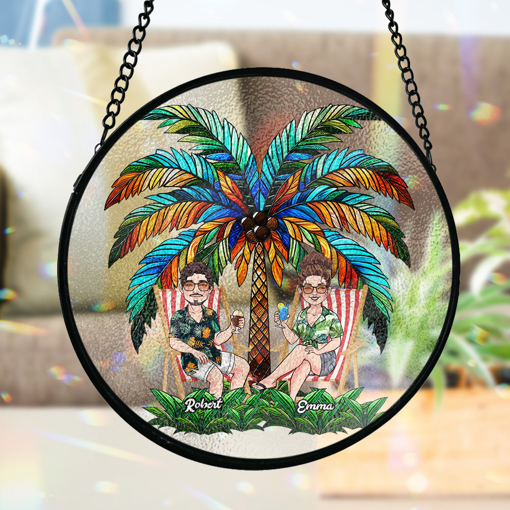 Under The Palm Tree Happy Couple - Personalized Couple Stained Glass Suncatcher