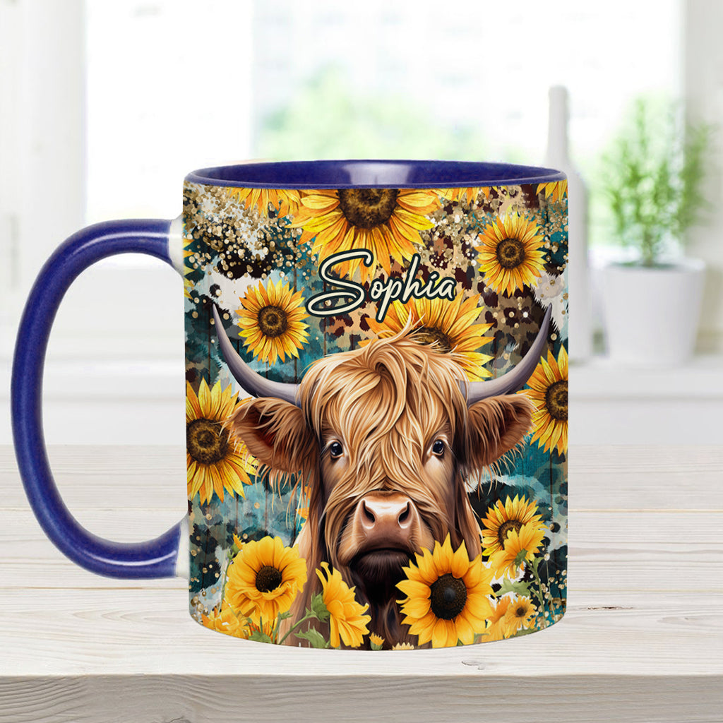 Highland Cow Among Sunflowers - Personalized Accent Mug
