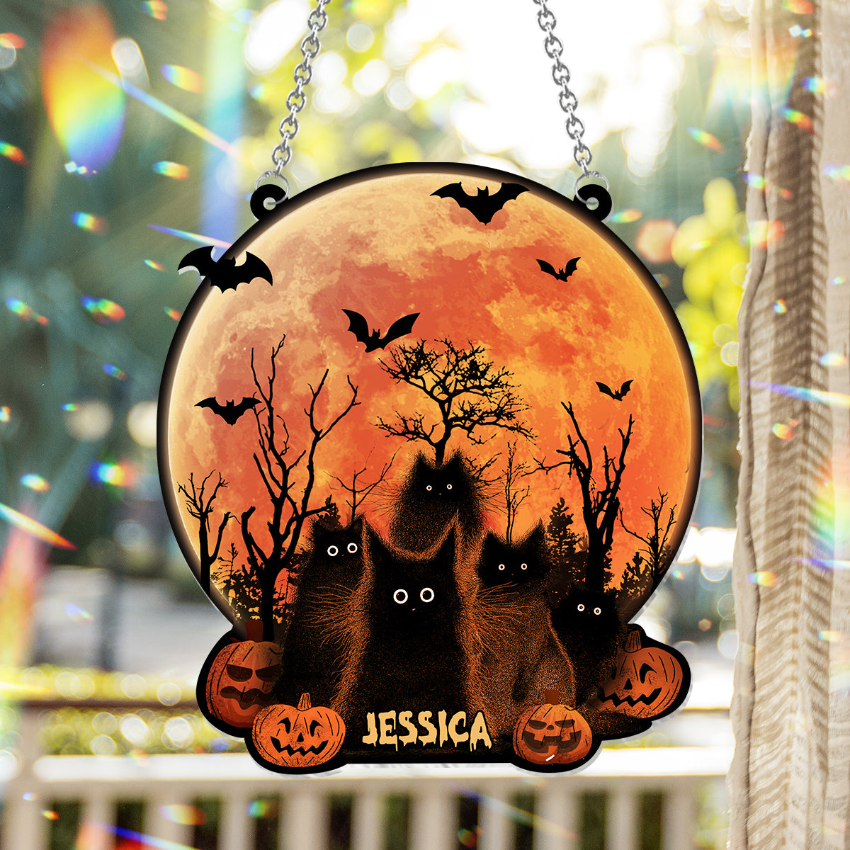 Black Cat Halloween Moon - Personalized Black Cat Window Hanging Suncatcher Ornament