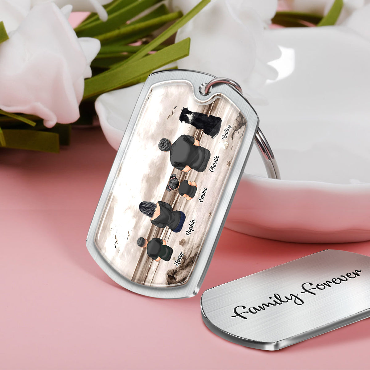 Family Sitting Back View Retro Vintage Beach Landscape - Personalized Family Epoxy Metal Keychain