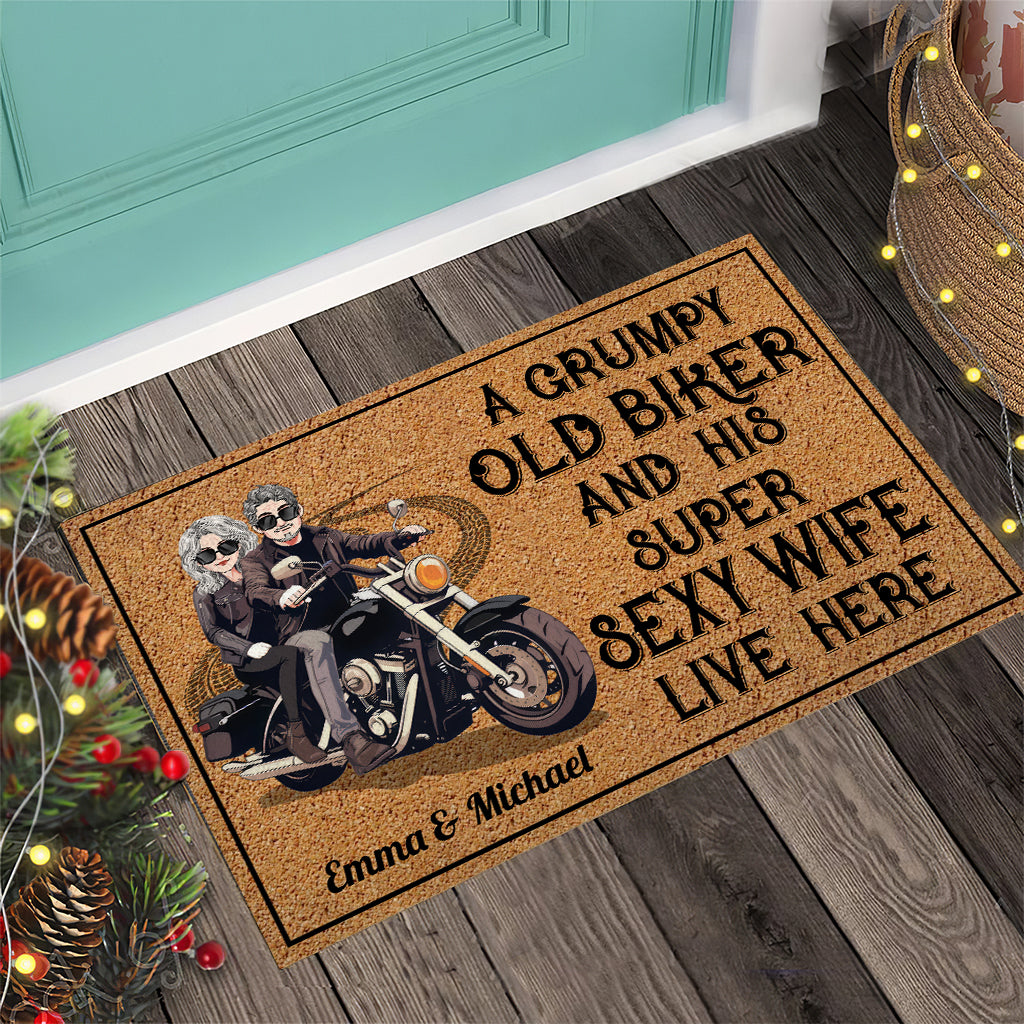 Old Biker And His Sexy Wife - Personalized Biker Doormat