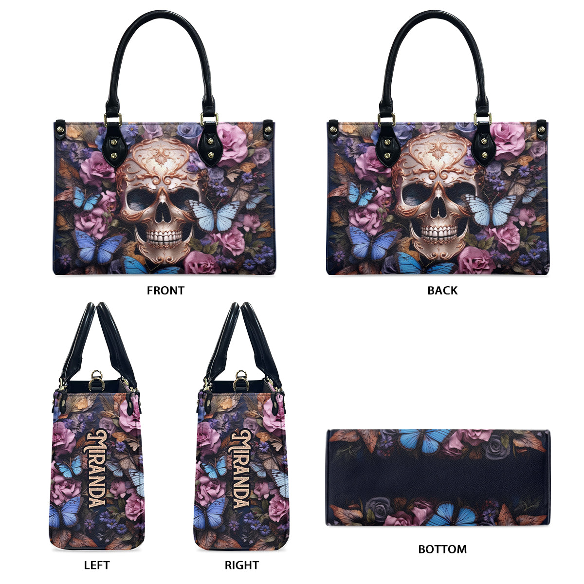 Beauty Of The Dark Skull Roses Butterflies - Personalized Skull Leather Handbag