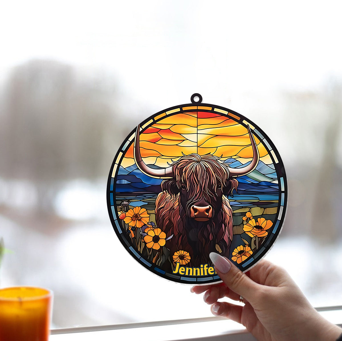 Love Highland Cow - Personalized Window Hanging Suncatcher Ornament