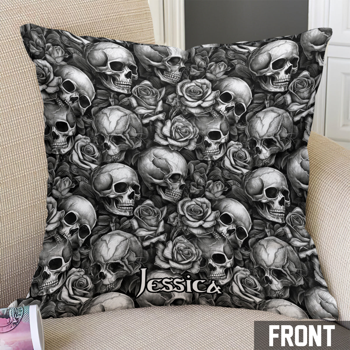 Skull Roses Black And White - Personalized Skull Throw Pillow