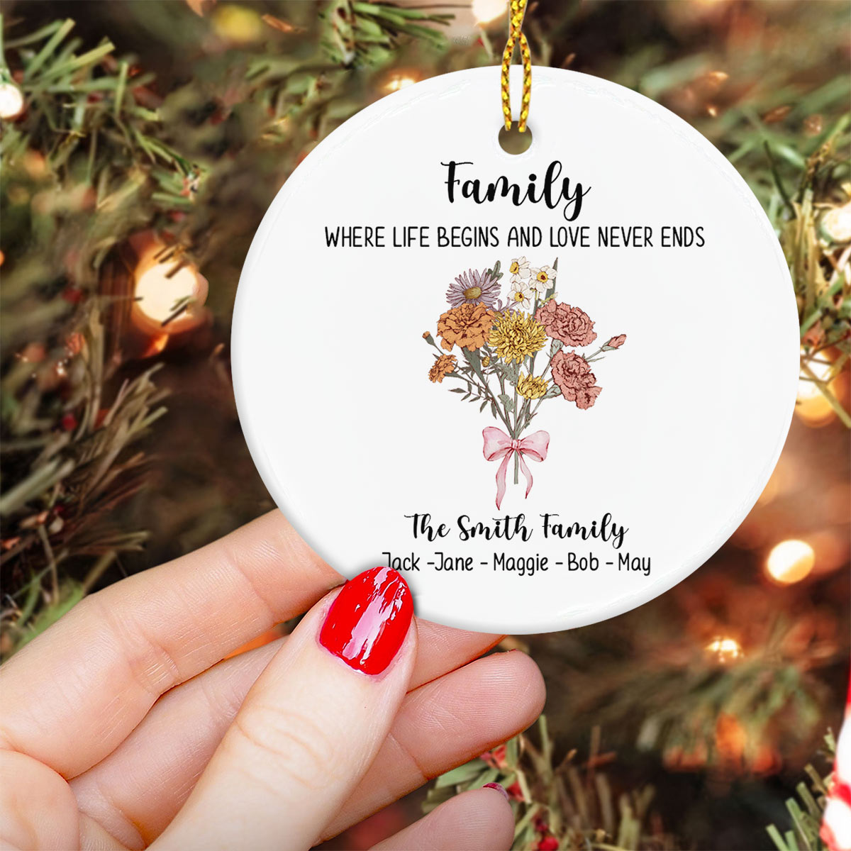 Family Where Life Begins and Love Never Ends - Personalized Family Ceramic Circle Ornament