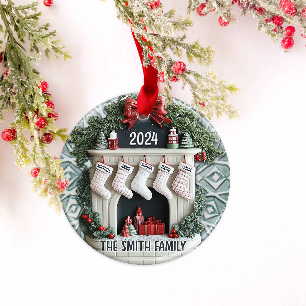 Fireplace Family Socks - Personalized Family Ceramic Circle Ornament
