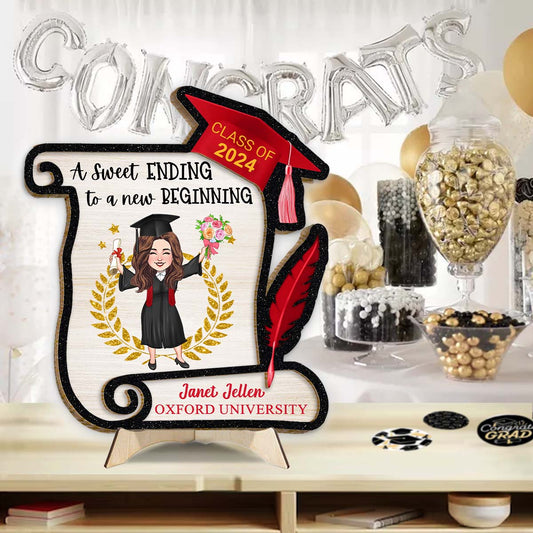 A Sweet Ending To A New Begining - Personalized Graduation 2 Layered Wood Sign / Wood Plaque