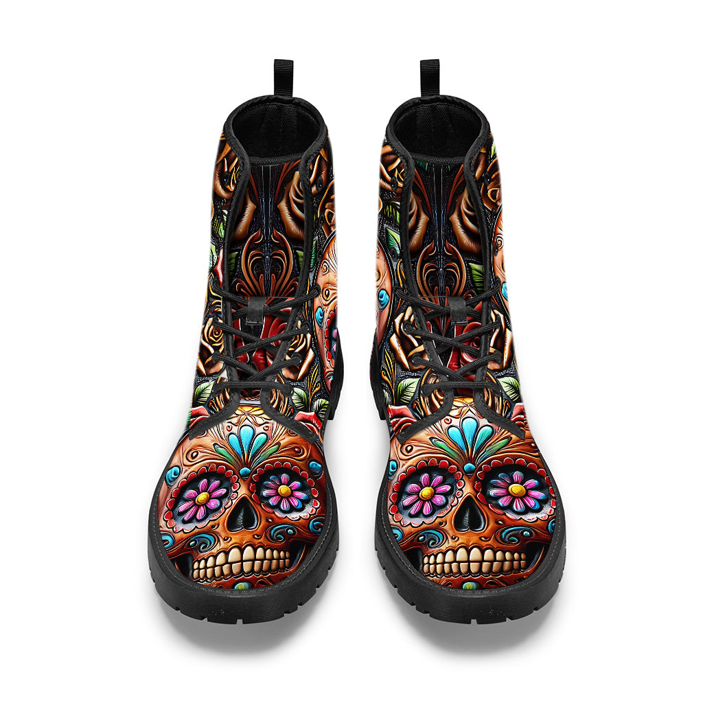 Roses And Skull - Skull Leather Boots