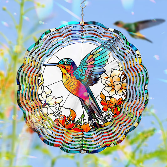 Beautiful Hummingbird Surrounded by Flowers - Personalized Hummingbird Wind Spinner