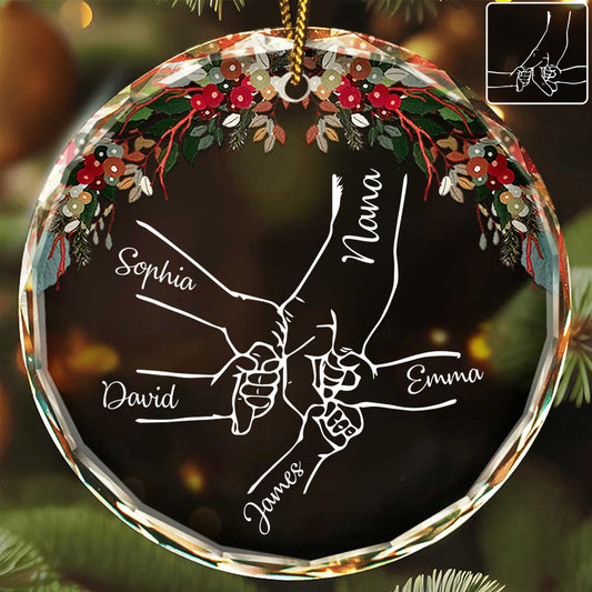 Holding Hands - Personalized Grandma Round Shaped Glass Ornament