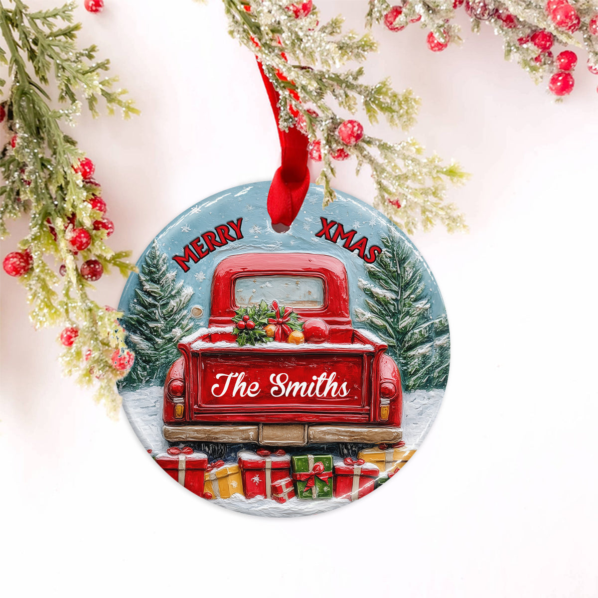Merry Christmas Family - Personalized Family Ceramic Circle Ornament