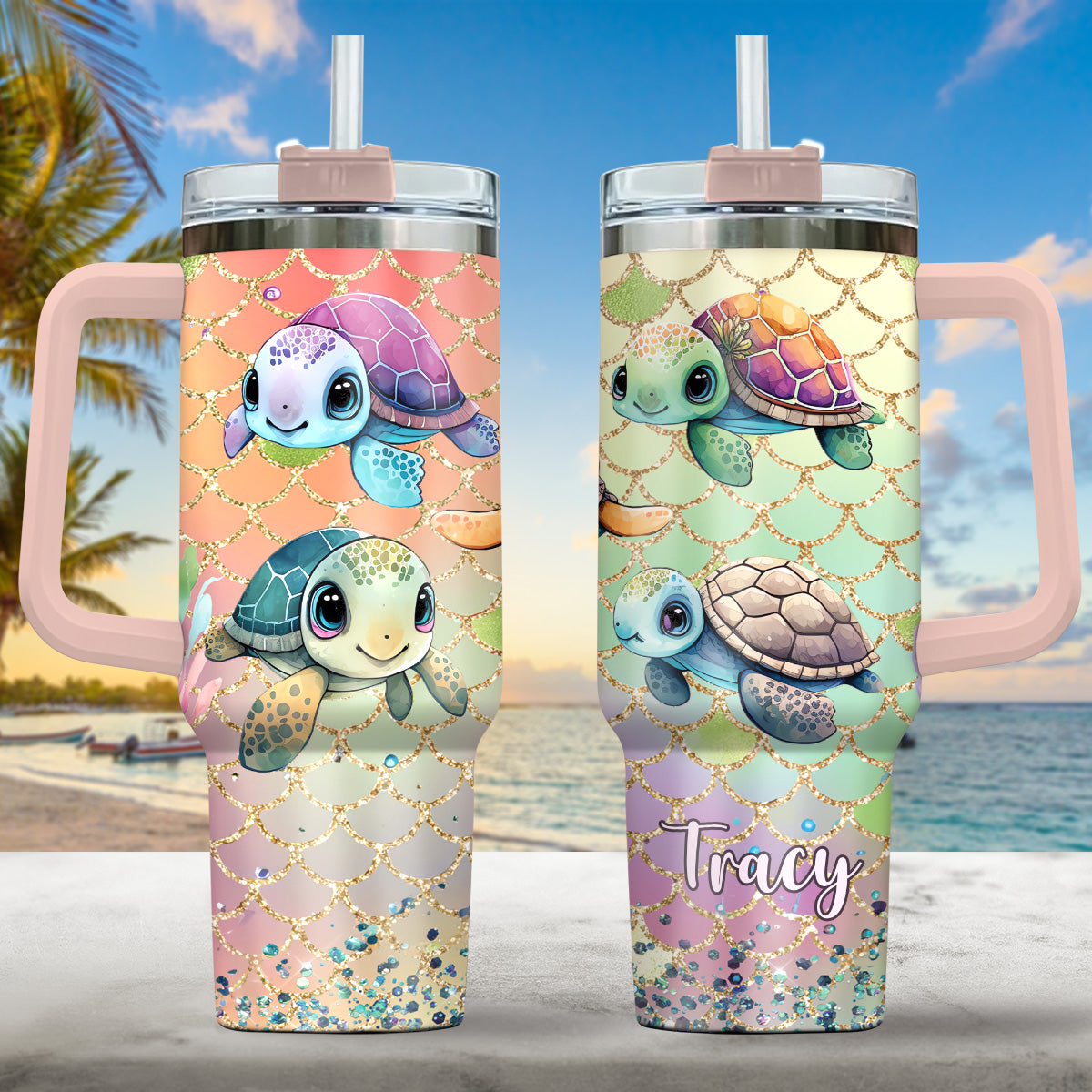 Cute Turtles - Personalized Turtle Tumbler With Handle