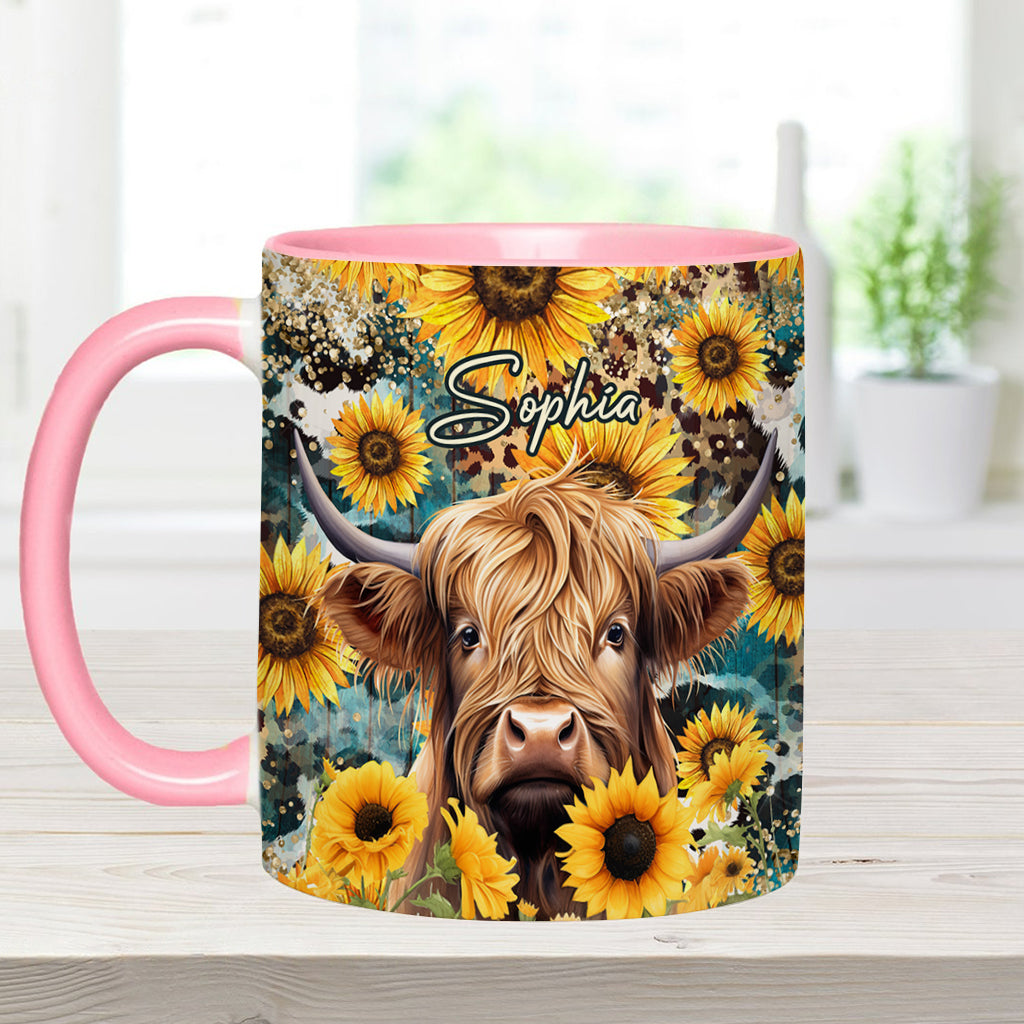 Highland Cow Among Sunflowers - Personalized Accent Mug