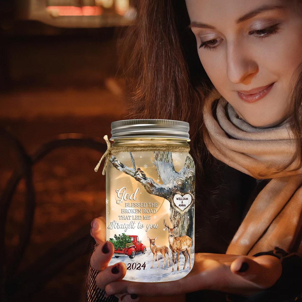 God Blessed The Broken Road - Personalized Couple Mason Jar Light