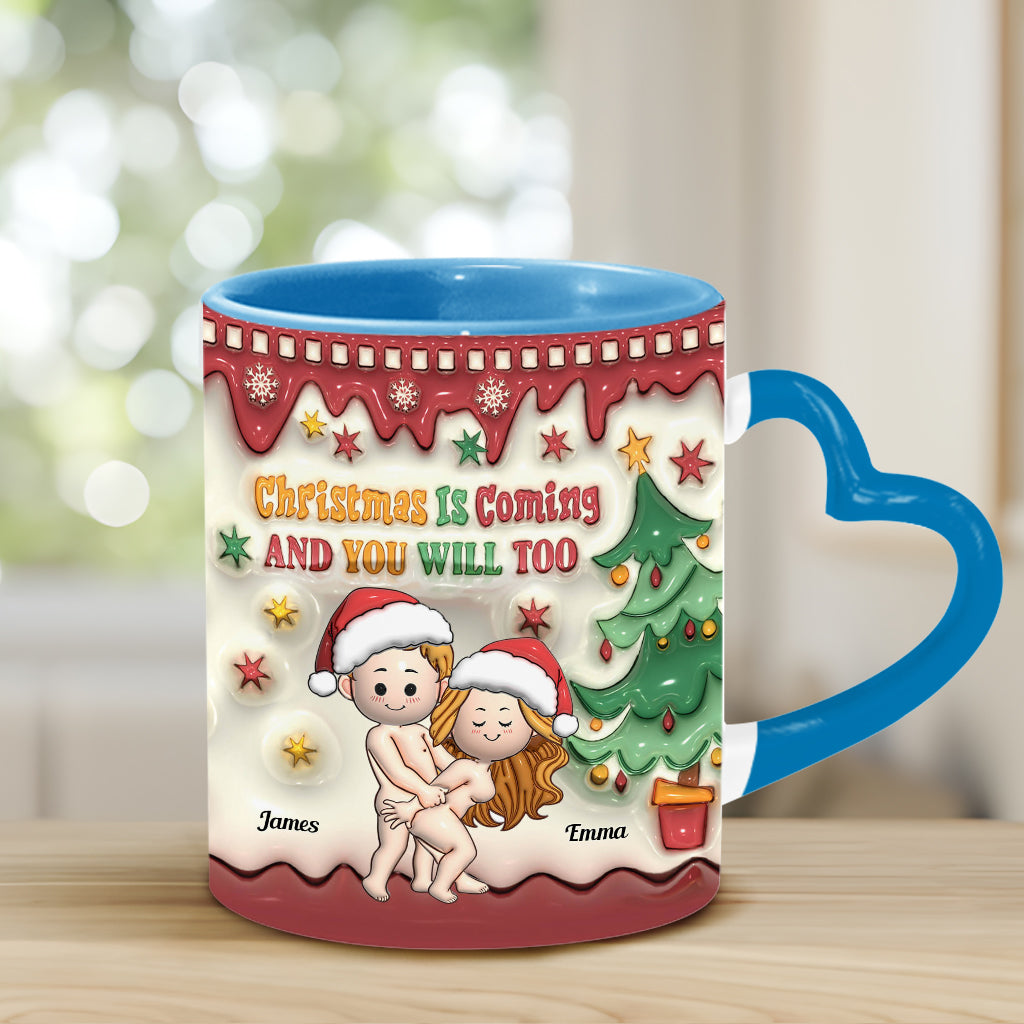 Christmas Is Coming - Personalized Couple Heart Handle Mug