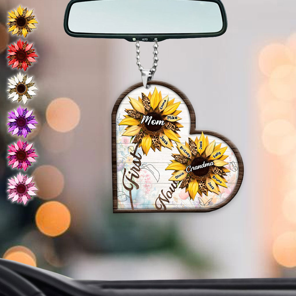 First Mom Now Grandma Sunflower - Personalized Grandma Car Ornament