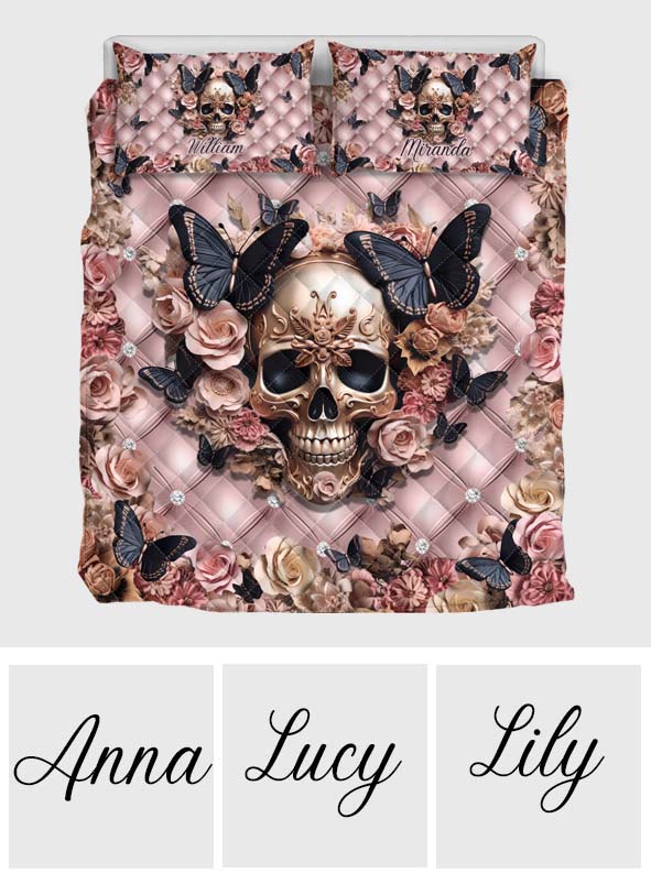 Pink Skull & Black Butterflies - Personalized Skull Quilt Set