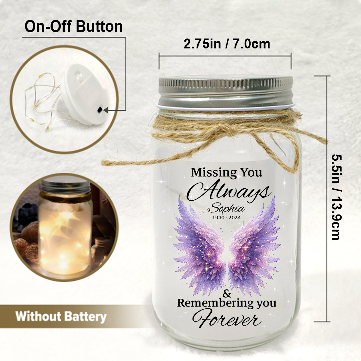 Missing You Always & Remembering You Forever - Personalized Memorial Mason Jar Light