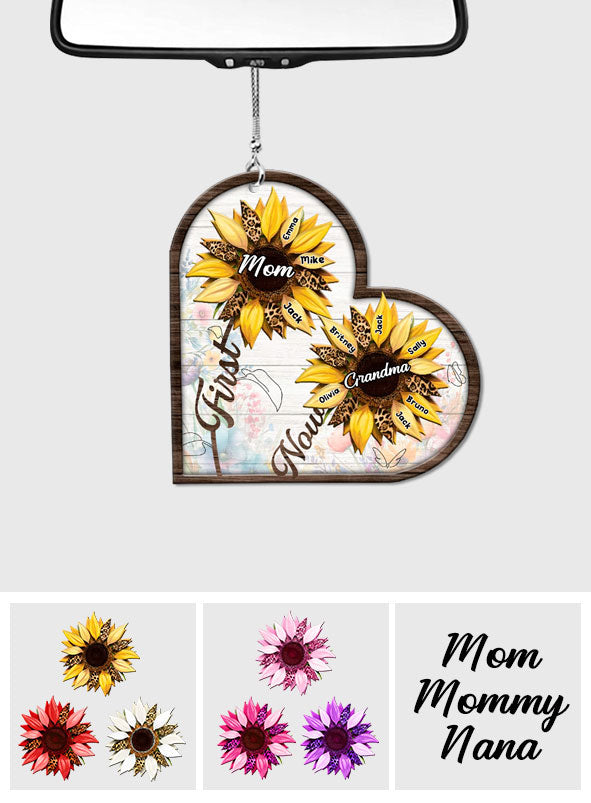 First Mom Now Grandma Sunflower - Personalized Grandma Car Ornament