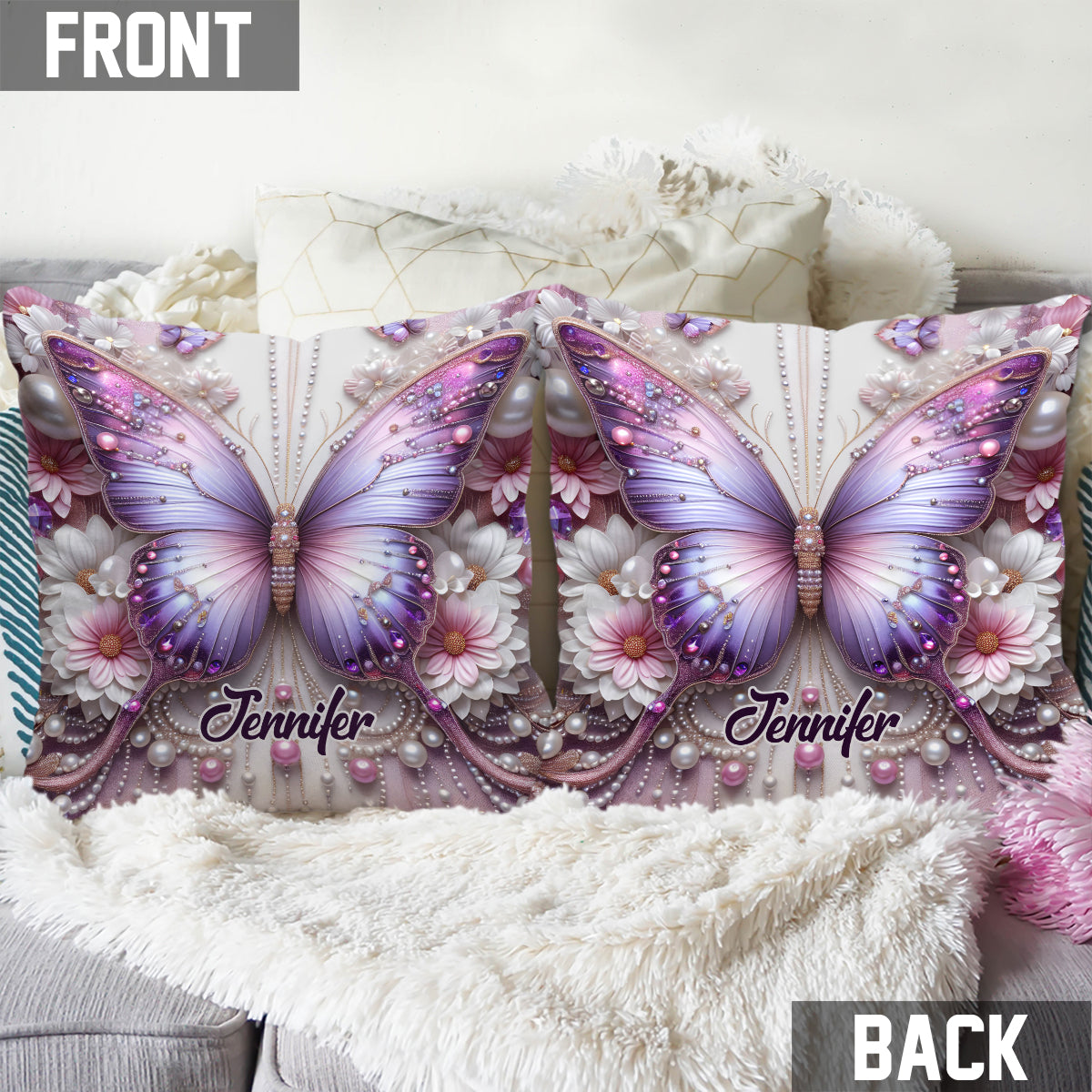 Purple Butterflies - Personalized Butterfly Throw Pillow