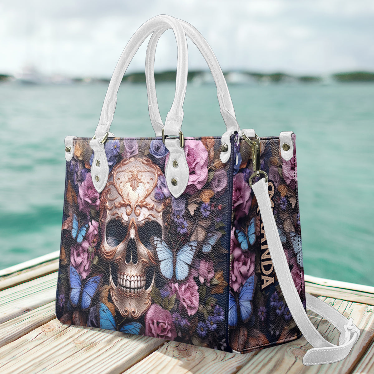 Beauty Of The Dark Skull Roses Butterflies - Personalized Skull Leather Handbag