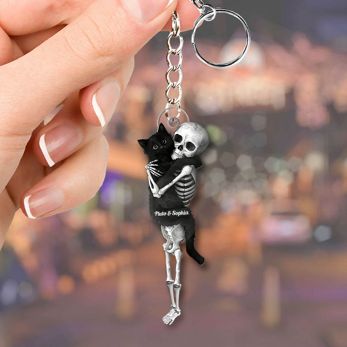 Funny Skeleton & Cat - Personalized Black Cat Custom Shaped Keychain