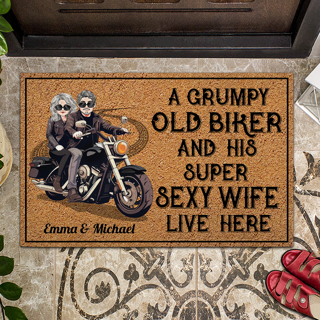 Old Biker And His Sexy Wife - Personalized Biker Doormat