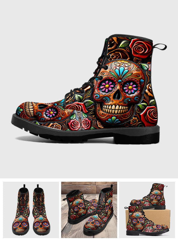 Roses And Skull - Skull Leather Boots