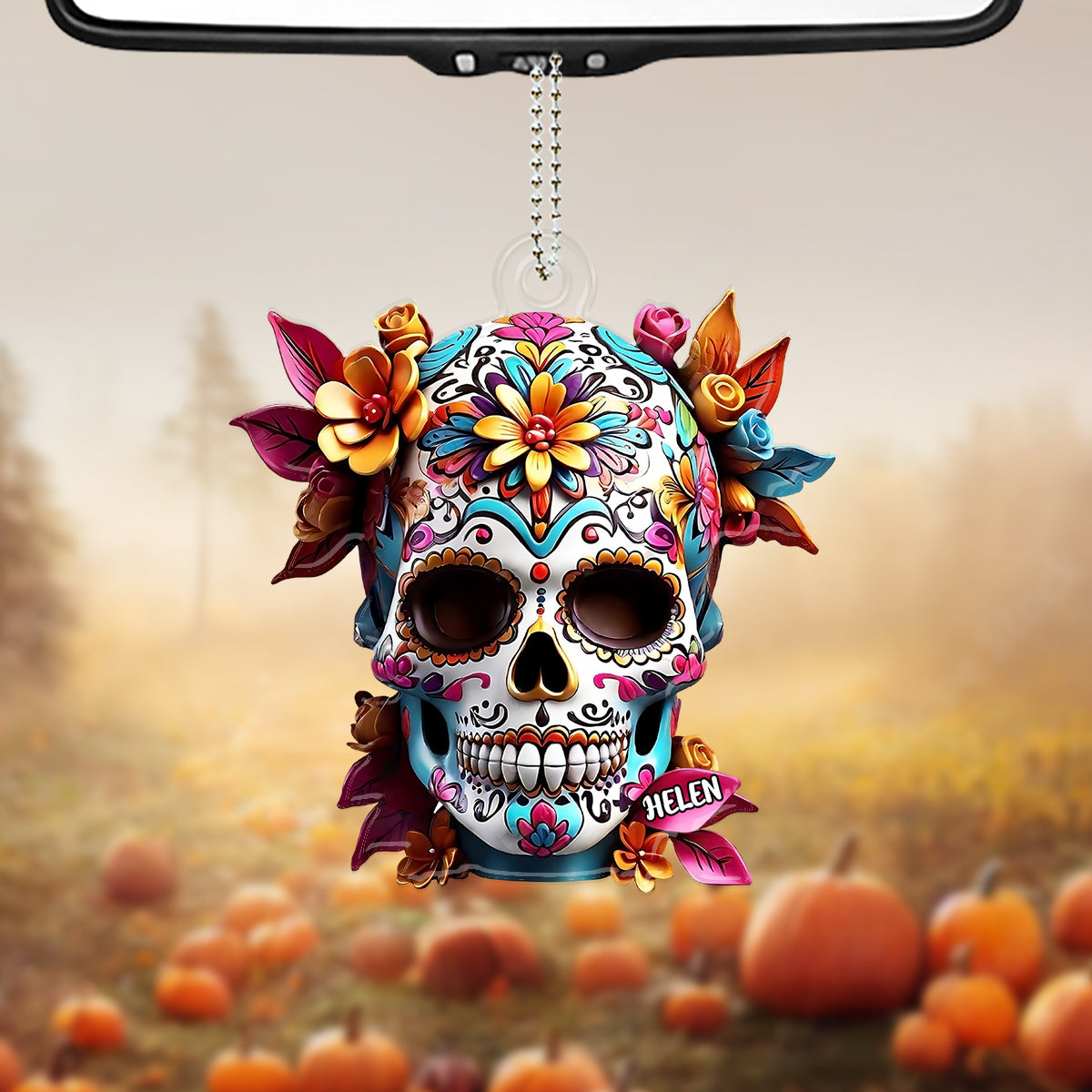 Floral Sugar Skull - Personalized Skull Custom Shaped Car Ornament