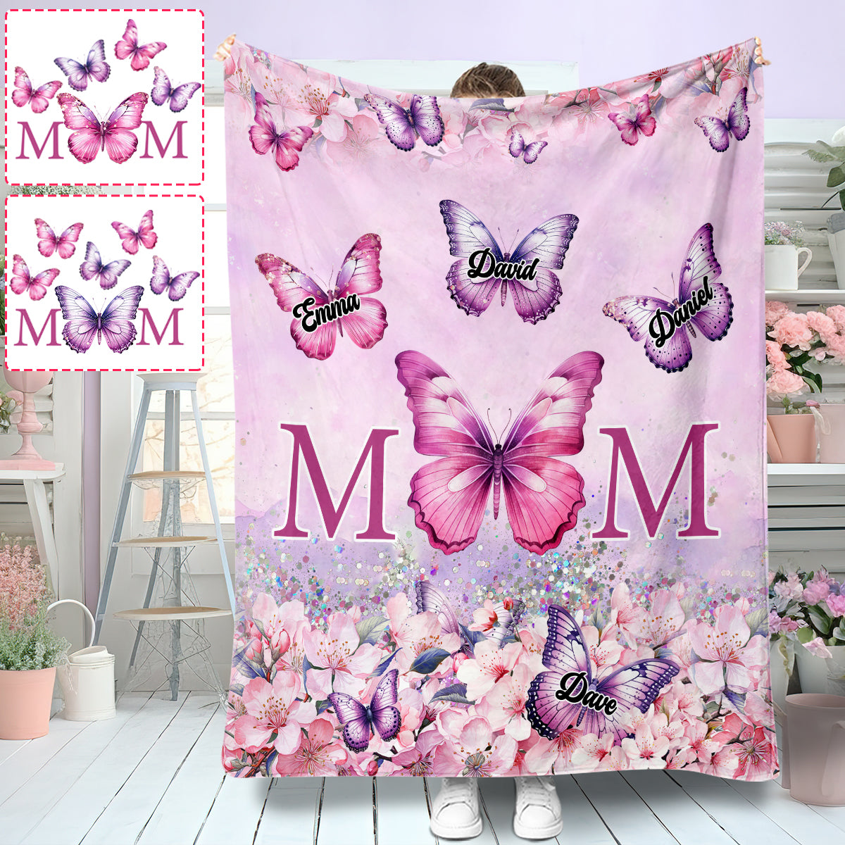 Pink Floral Butterfly - Personalized Mother Blanket