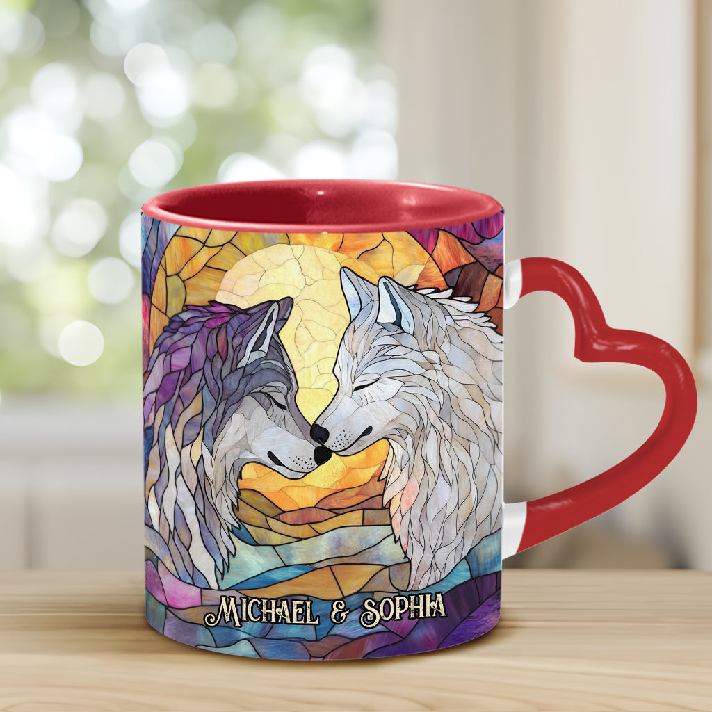 Wolf He Keeps Me Safe She Keeps Me Wild - Personalized Couple Heart Handle Mug