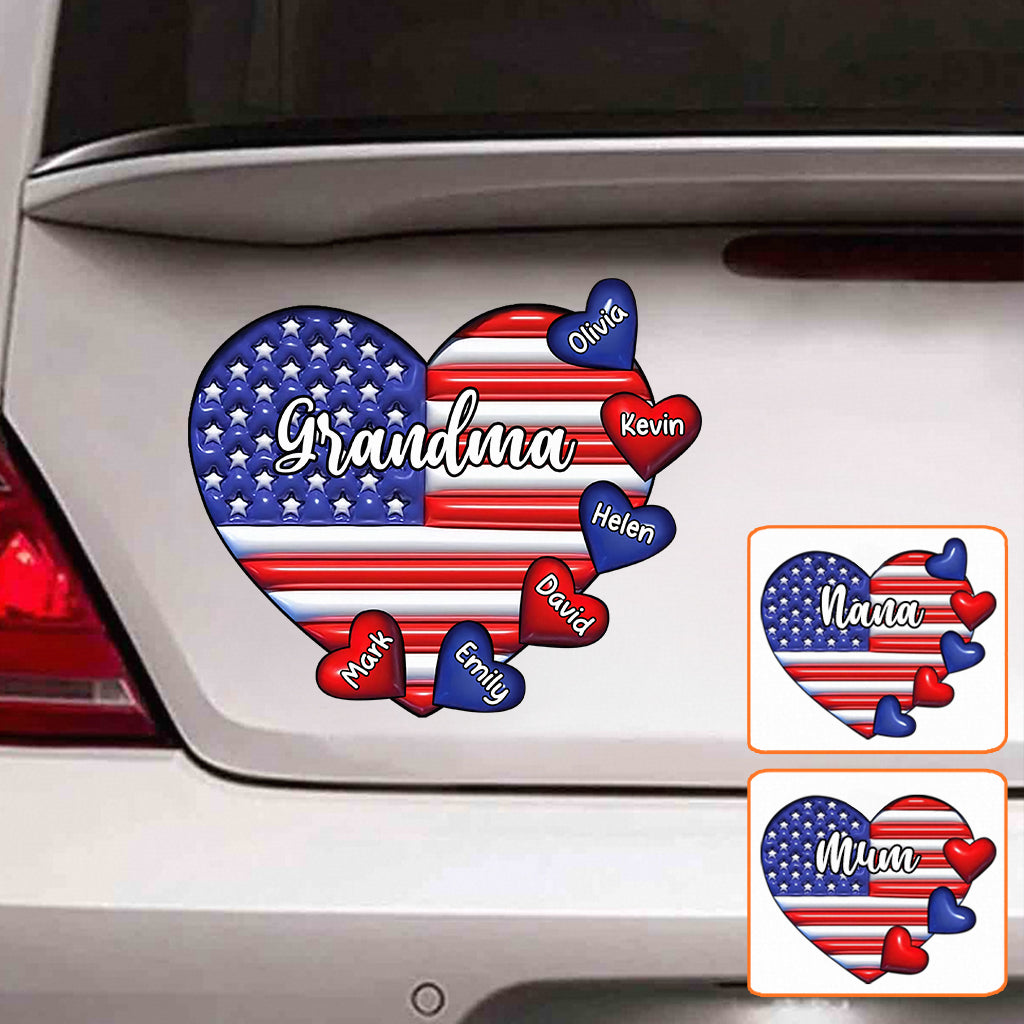 Grandma & Grandkids Puff Heart Flag - Personalized Grandma Decal Die Cut