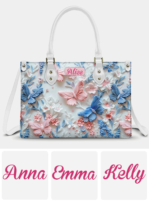 Pink And Blue Butterflies - Personalized Butterfly Leather Handbag