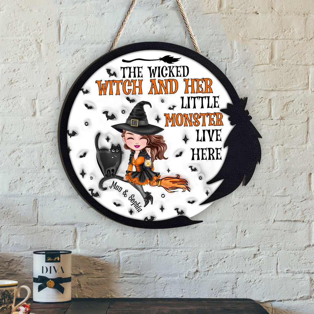 The Wicked Witch And Her Little Monsters Live Here - Personalized Witch Custom Shaped Wood Sign