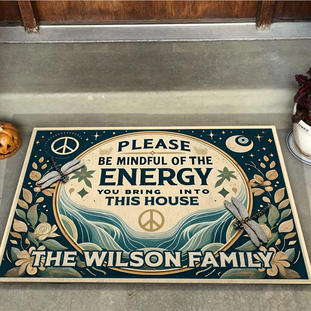 Please Be Mindful Of The Energy - Personalized Hippie Doormat