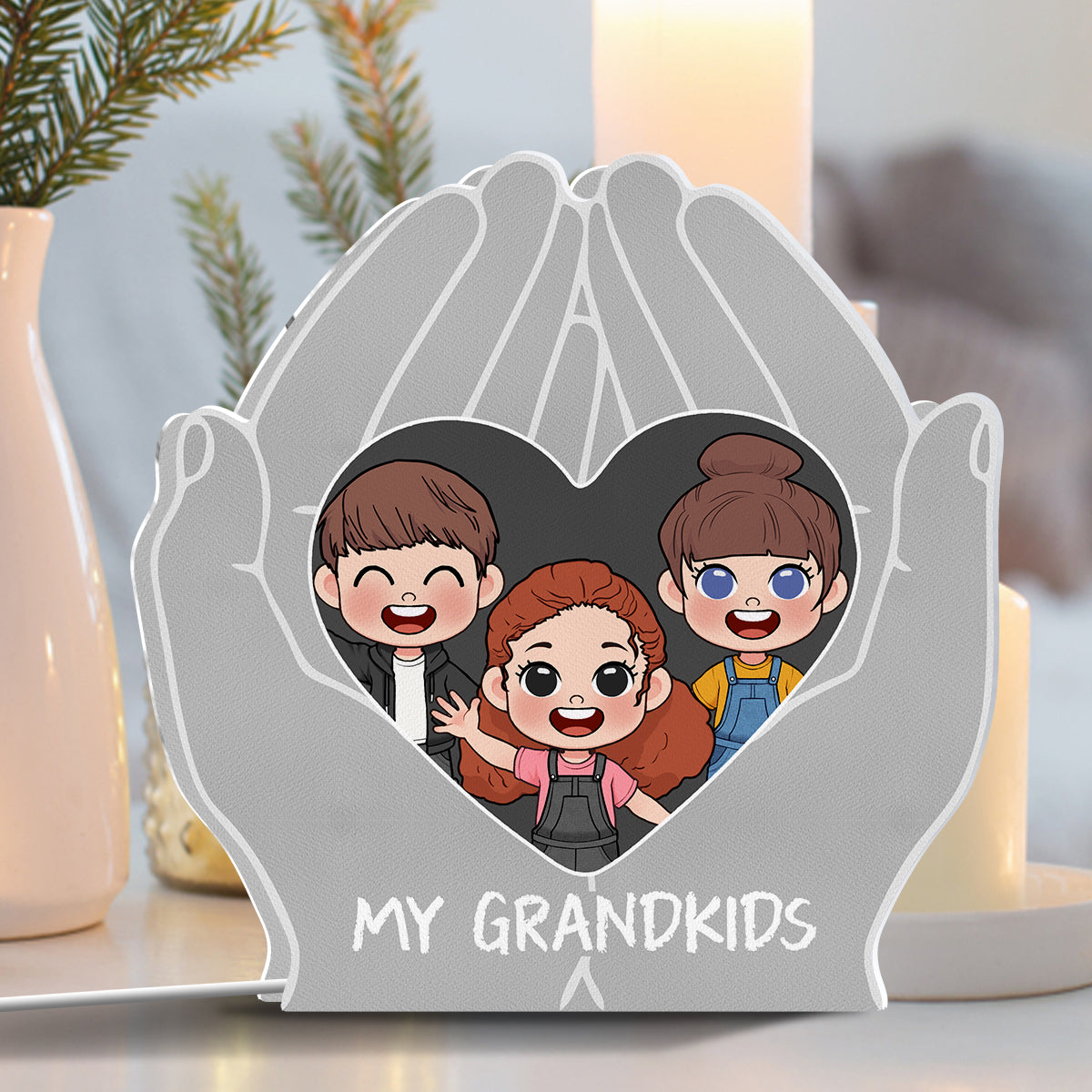 My Grandkids Chibi Hand Holding Heart - Personalized Grandma Shaped Light Box