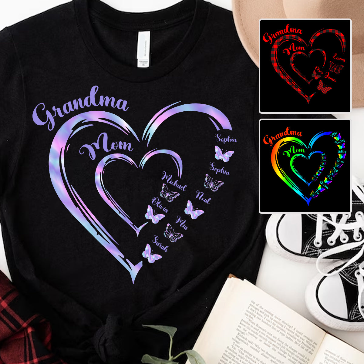 First Mom Now Grandma Butterfly Version - Personalized Grandma T-shirt And Hoodie