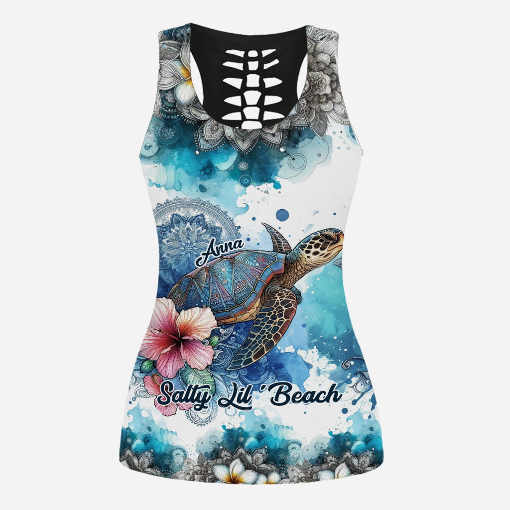 Sea Turtle Mandala Tropical Flower - Personalized Turtle Hollow Tank Top and Leggings