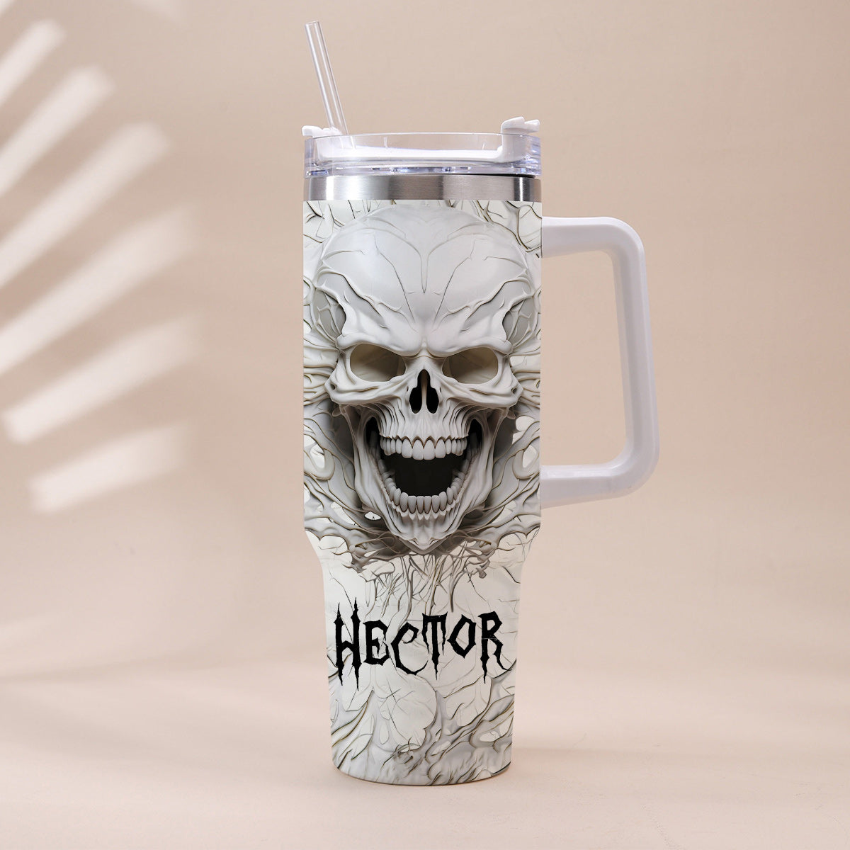White Skull 3D Version - Personalized Skull Tumbler With Handle