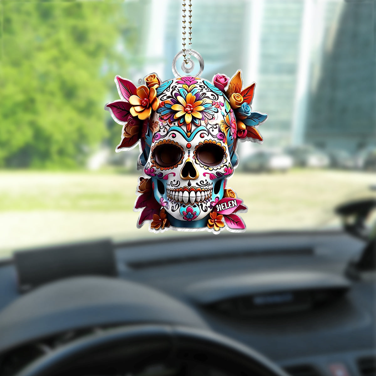 Floral Sugar Skull - Personalized Skull Custom Shaped Car Ornament
