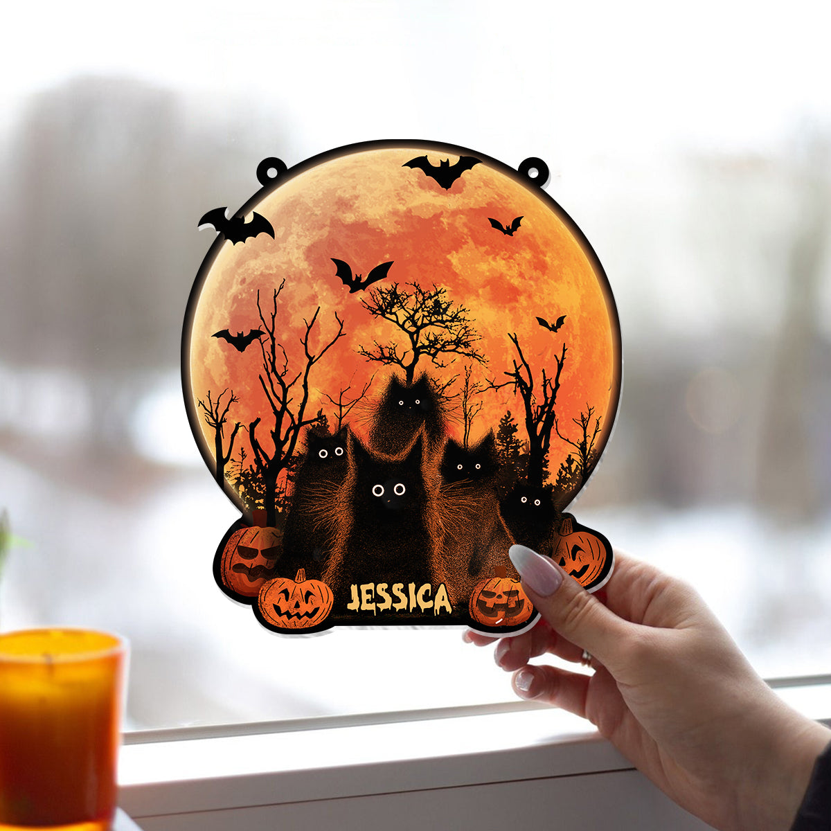 Black Cat Halloween Moon - Personalized Black Cat Window Hanging Suncatcher Ornament